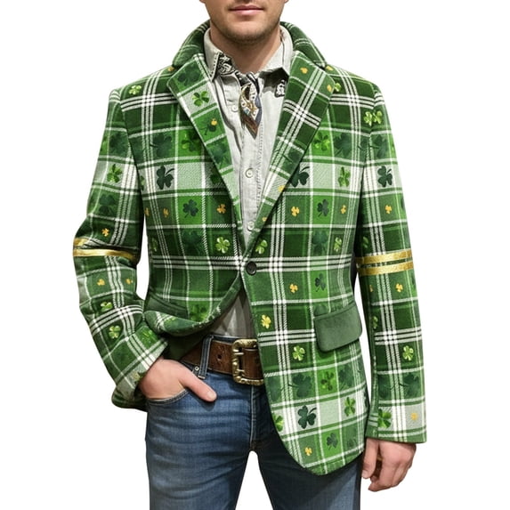 IWRICH St. Patrick's Day Corduroy Blazer Formen Shamrock Jackets 3D Splicing Printed Colorblock Button Loose Work Sport Coat with Pocket 13-Green L