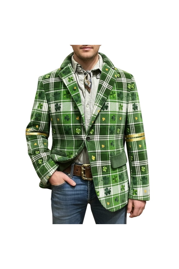 St. Patrick's Day Corduroy Blazer Formen Shamrock Jackets 3D Splicing Printed Colorblock Button Loose Work Sport Coat with Pocket 13-Green S