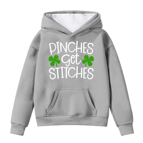 IWRICH St. Patrick's Day Hoodies for Girls Pinches Get Stitches Printed Shamrock Sweatshirts Saint Patrick's Tops,Size 3-14 Years Grey 130