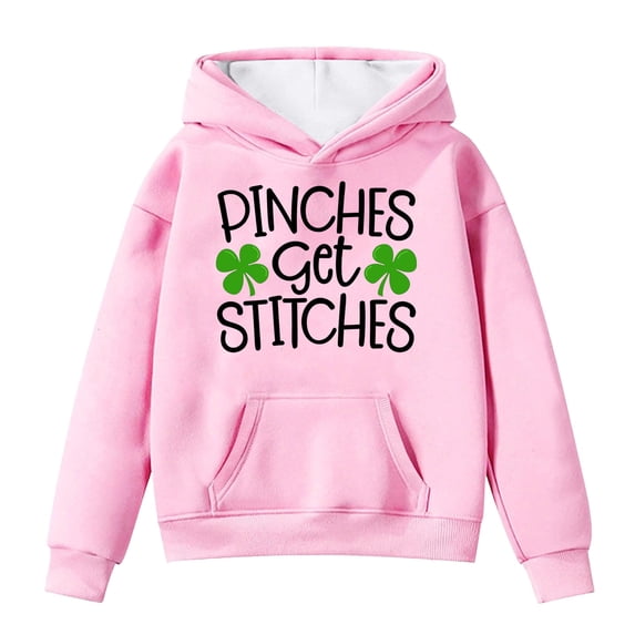 IWRICH St. Patrick's Day Hoodies for Girls Pinches Get Stitches Printed Shamrock Sweatshirts Saint Patrick's Tops,Size 3-14 Years Pink 160