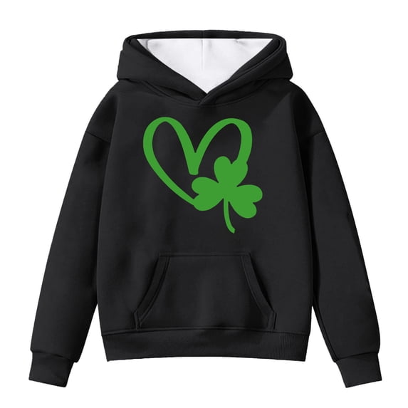 IWRICH St. Patrick's Day Hoodies for Girls Shamrock Heart Hooded Sweatshirts Gift Crewneck Casual Loose Fit Tops,Size 3-14 Years Black 140