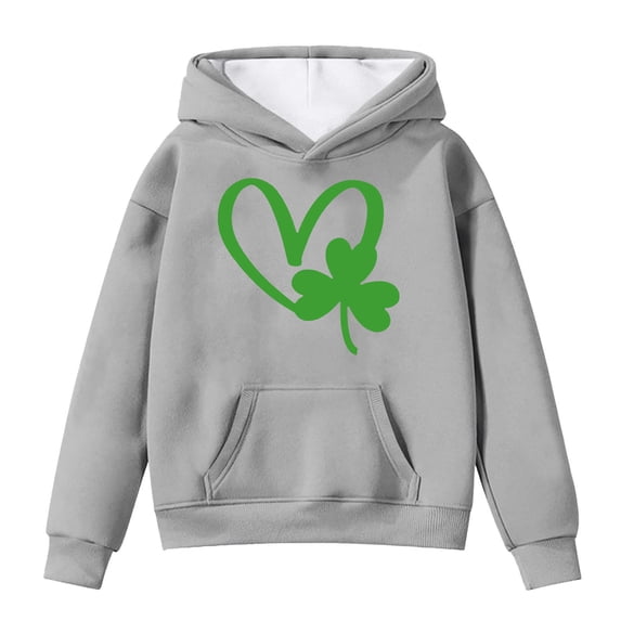 IWRICH St. Patrick's Day Hoodies for Girls Shamrock Heart Hooded Sweatshirts Gift Crewneck Casual Loose Fit Tops,Size 3-14 Years Grey 130