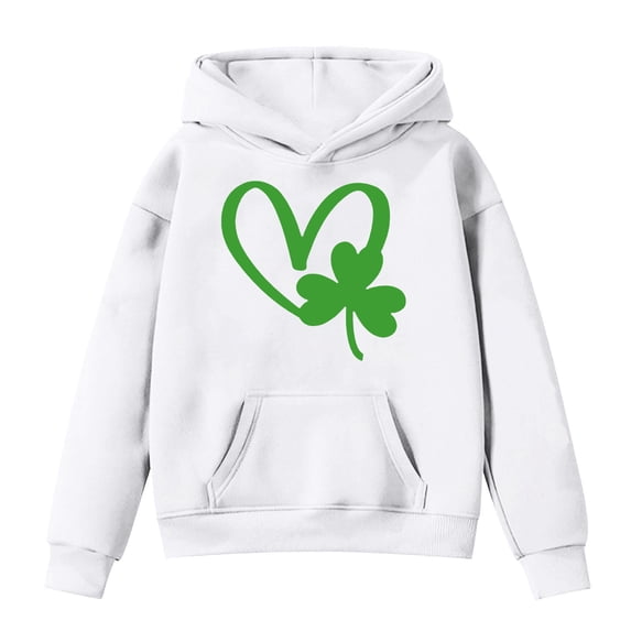 IWRICH St. Patrick's Day Hoodies for Girls Shamrock Heart Hooded Sweatshirts Gift Crewneck Casual Loose Fit Tops,Size 3-14 Years White 160