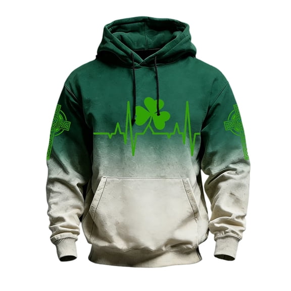IWRICH St. Patrick's Day Hoodies for Men Clover Graphic Pullover Tees Irish American Flag Shamrock Casual Hooded Sweatshirt 03-Light Green L