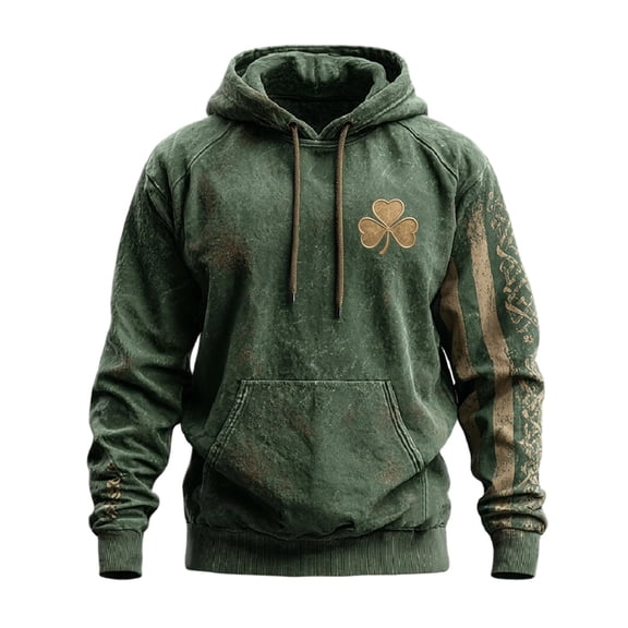 IWRICH St. Patrick's Day Hoodies for Men Clover Graphic Pullover Tees Irish American Flag Shamrock Casual Hooded Sweatshirt 09-Dark Green XXL