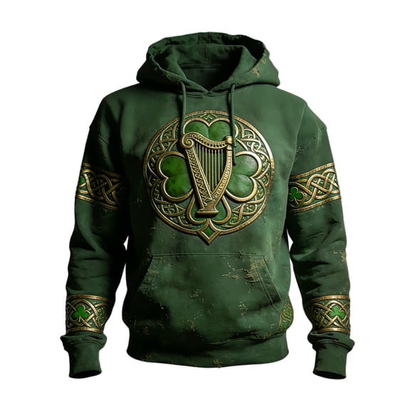 IWRICH St. Patrick's Day Hoodies for Men Clover Graphic Pullover Tees Irish American Flag Shamrock Casual Hooded Sweatshirt 12-Dark Green XXL