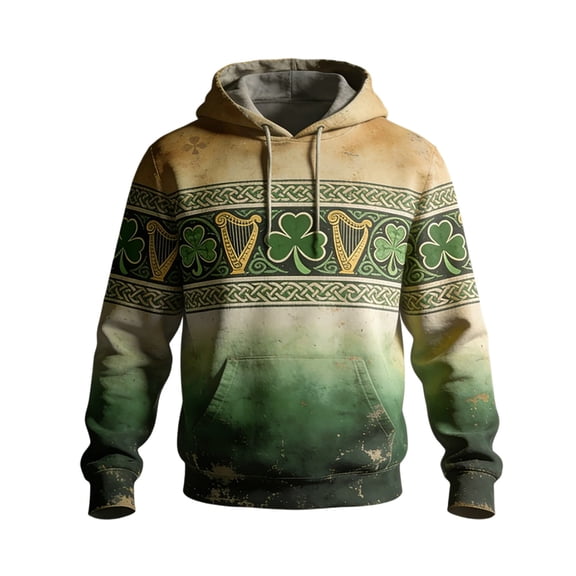 IWRICH St. Patrick's Day Hoodies for Men Clover Graphic Pullover Tees Irish American Flag Shamrock Casual Hooded Sweatshirt 14-Beige XXL