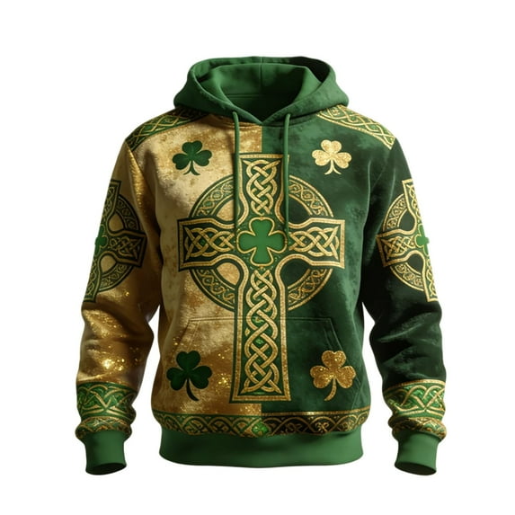 IWRICH St. Patrick's Day Hoodies for Men Clover Graphic Pullover Tees Irish American Flag Shamrock Casual Hooded Sweatshirt 18-Green XL