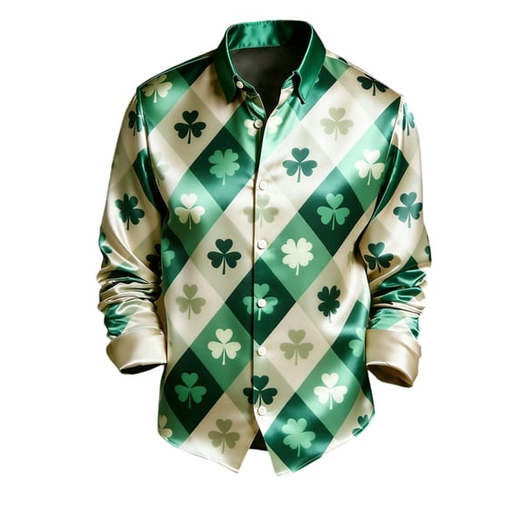 IWRICH St. Patrick's Day Shirt for Men Green Clover Printed Tees Long Sleeve Holiday Tops Button down Shirts 05-Green XXXXL
