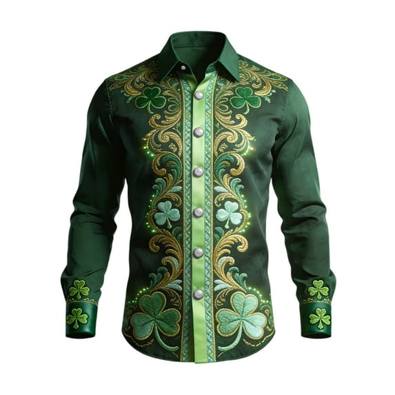 IWRICH St. Patrick's Day Shirt for Men Green Clover Printed Tees Long Sleeve Holiday Tops Button down Shirts 06-Green XXL