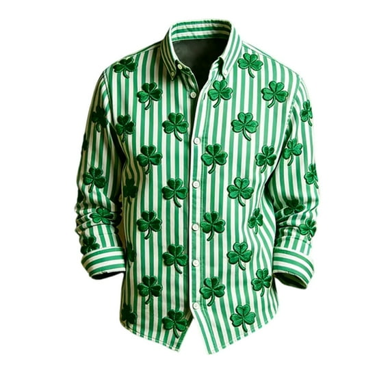 IWRICH St. Patrick's Day Shirt for Men Green Clover Printed Tees Long Sleeve Holiday Tops Button down Shirts 07-Green XXXXXL