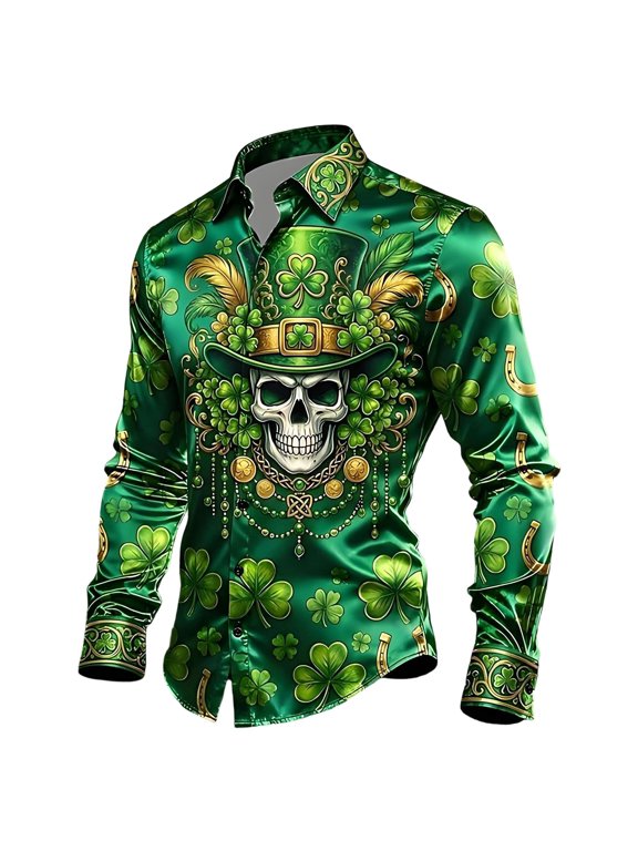 St. Patrick's Day Shirts for Men Shamrock Printed T-Shirt Button down Short Sleeve Hawaiian Shirts 07-Green XL