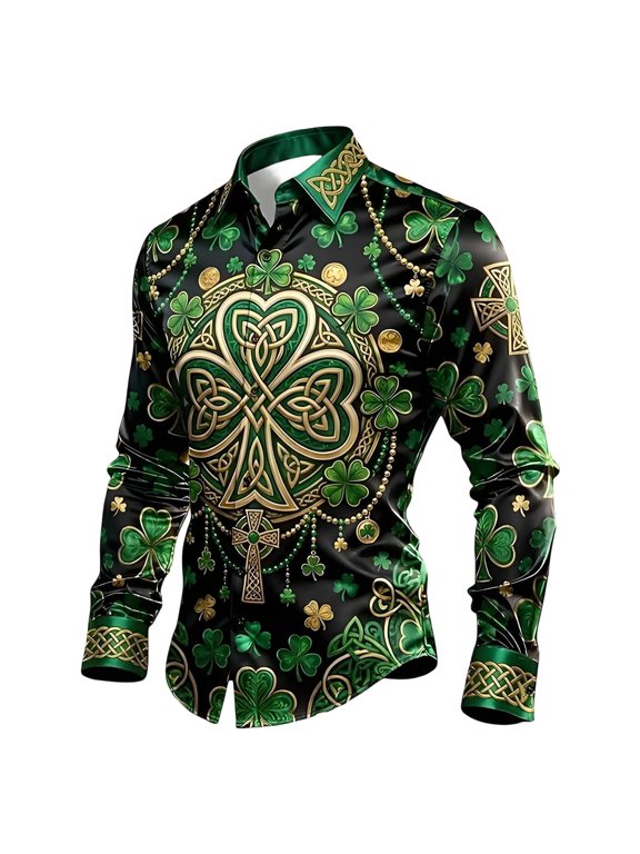 St. Patrick's Day Shirts for Men Shamrock Printed T-Shirt Button down Short Sleeve Hawaiian Shirts 08-Green XL