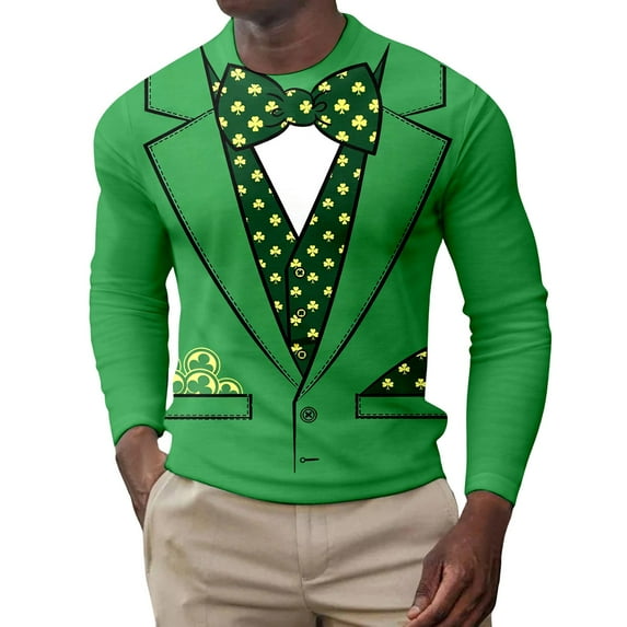 IWRICH St. Patrick's Day T Shirts for Men Long Sleeve Cute Graphic Shamrock Pullover Tops Cozy Crewneck Tees 04-Green XL