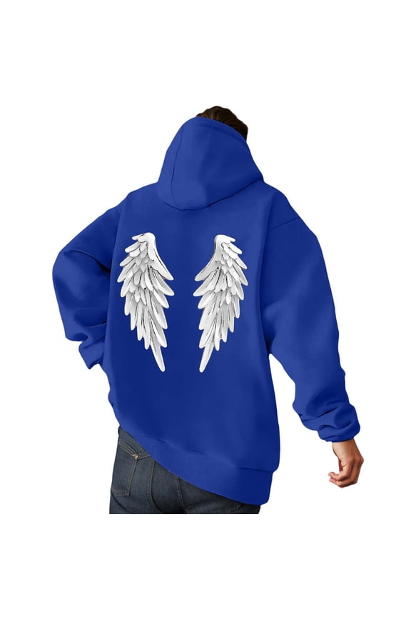 Streetwear Goth Hoodies for Men Punk Hooded Sweatshirt Wings Graphic Pullover Tops with Pocket Blue XL