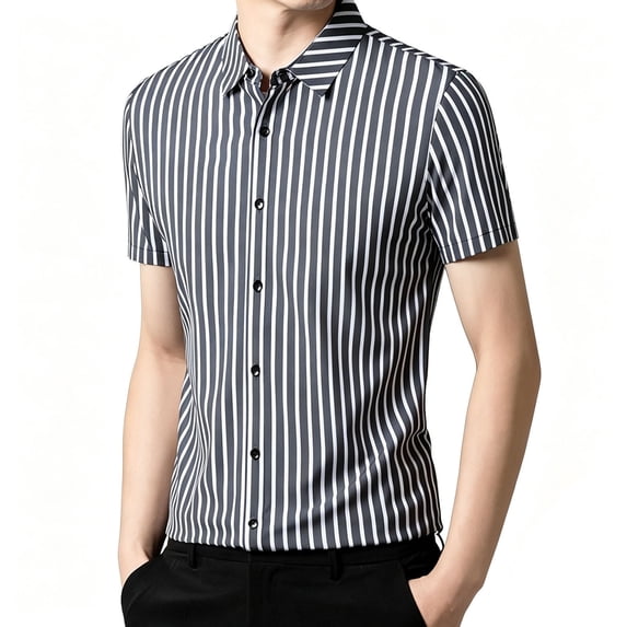 IWRICH Strip Shirts for Men Short Sleeve Button down Shirt Casual Formal Business Regular Fit Shirts with Pocket Black XXXL