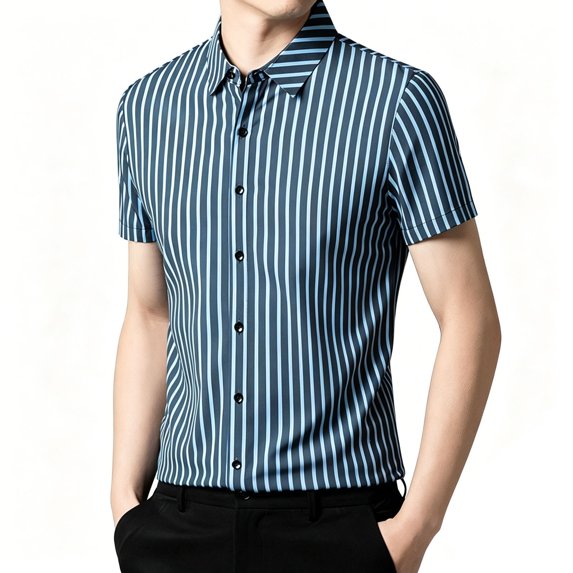 IWRICH Strip Shirts for Men Short Sleeve Button down Shirt Casual Formal Business Regular Fit Shirts with Pocket Blue XXXL