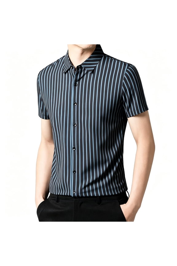 Strip Shirts for Men Short Sleeve Button down Shirt Casual Formal Business Regular Fit Shirts with Pocket Navy M