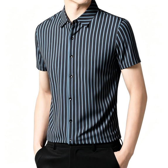 IWRICH Strip Shirts for Men Short Sleeve Button down Shirt Casual Formal Business Regular Fit Shirts with Pocket Navy XXL