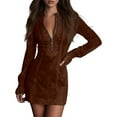 thumbnail image 1 of IWRICH Suede Mini Dress V-Neck Zip-Up Western Cowgirl Dress Long Sleeve Suede Dresses Vintage Western Dresses Brown S, 1 of 5