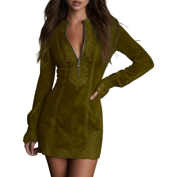 IWRICH Suede Mini Dress V-Neck Zip-Up Western Cowgirl Dress Long Sleeve Suede Dresses Vintage Western Dresses Dark Green XL