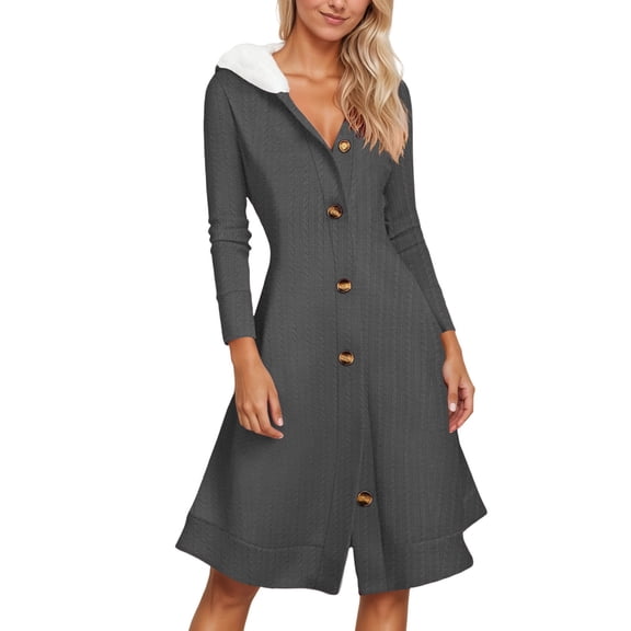 IWRICH Sweater Dresses for Women Long Sleeve Button Front Oversized Hoodie Dresses Elegant Knee Length Dress Grey M