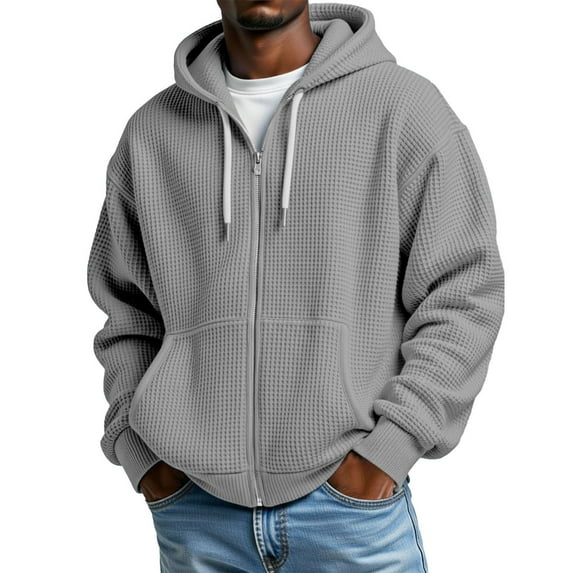 IWRICH Sweatshirt for Men Waffle Full Zip up Hooded Sweatshirts Cozy Solid Color Hoodie Casual Loose Fit Coat XL