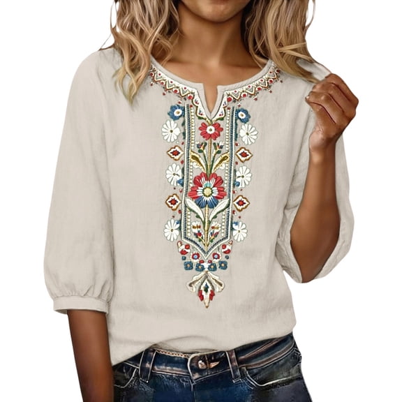 IWRICH T Shirts for Women V Neck Cute Floral Embroidered Boho Tops Half Sleeve Casual Blouses Loose Tunics Tees Beige M
