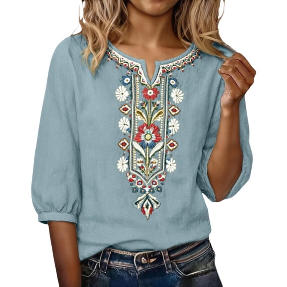 IWRICH T Shirts for Women V Neck Cute Floral Embroidered Boho Tops Half Sleeve Casual Blouses Loose Tunics Tees Mint Green M