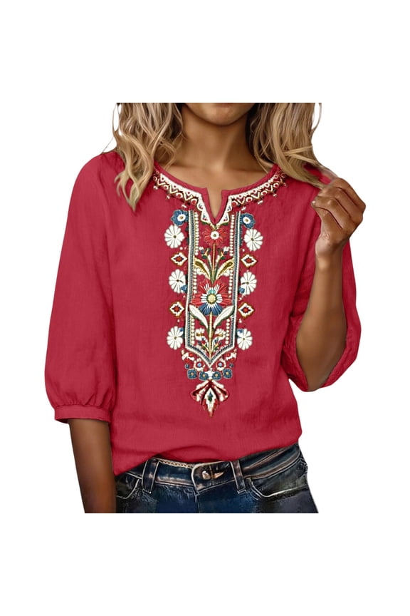 T Shirts for Women V Neck Cute Floral Embroidered Boho Tops Half Sleeve Casual Blouses Loose Tunics Tees Red L