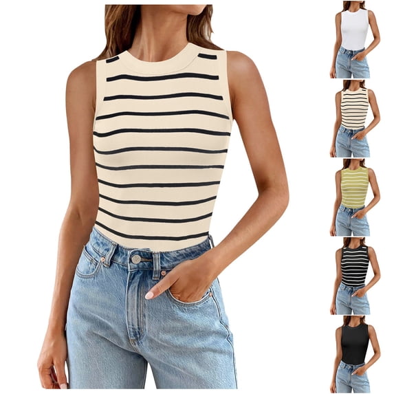 IWRICH Tank Tops for Women Summer Striped Ribbed Knit Slim Fit Side Ruched Wide Strap Fashion Clothing Sleeveless Shirts White One Size