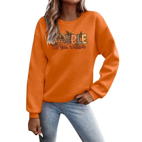 IWRICH Thanksgiving Crewneck Sweatshirt Women Gobble Turkey Graphic Shirt Thanksgiving Turkey Pullovers Long Sleeve Fall Tops A-Orange S