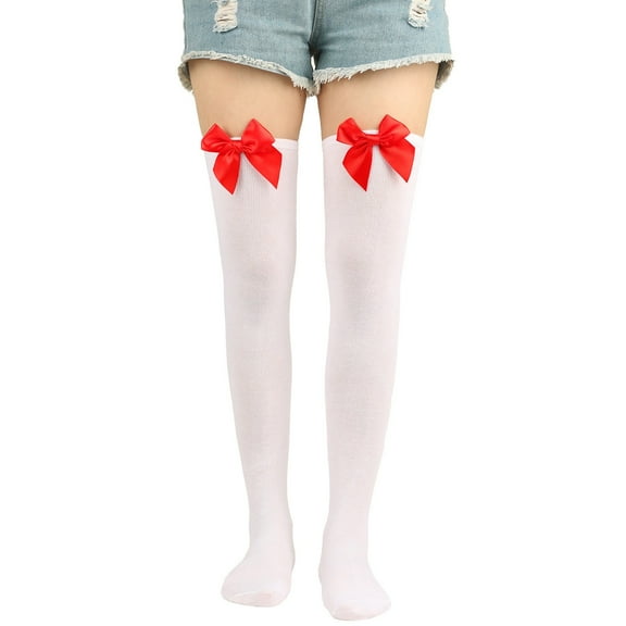 IWRICH Thigh High Stockings with Bow for Women Thigh High Socks over Knee for Christmas Daily Wear White