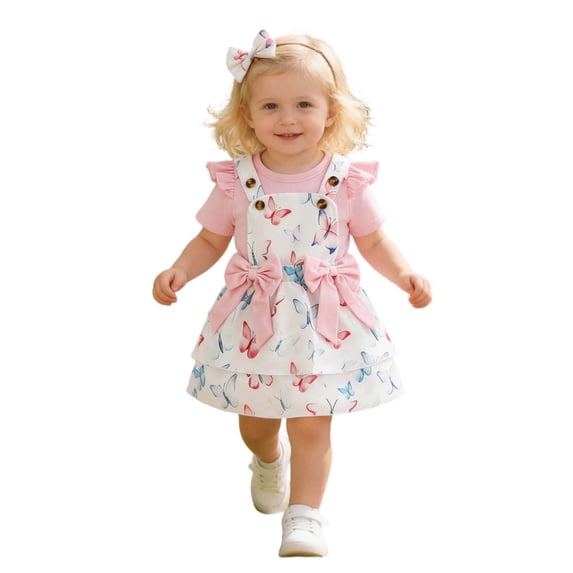 IWRICH Toddler Girl Clothes Romper Graphic Printed Short Sleeved Ruffled Bow Skirt Headband Outfits Set,Size 1-3 Years Pink 9M
