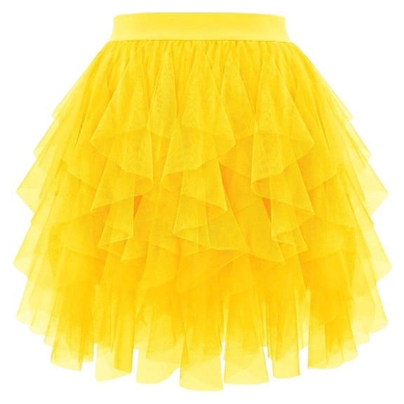 IWRICH Tulle Skirts for Women High Waist Elastic Midi Skirt A-Line Irregular Layered Mesh Tutu Skirts Yellow XL