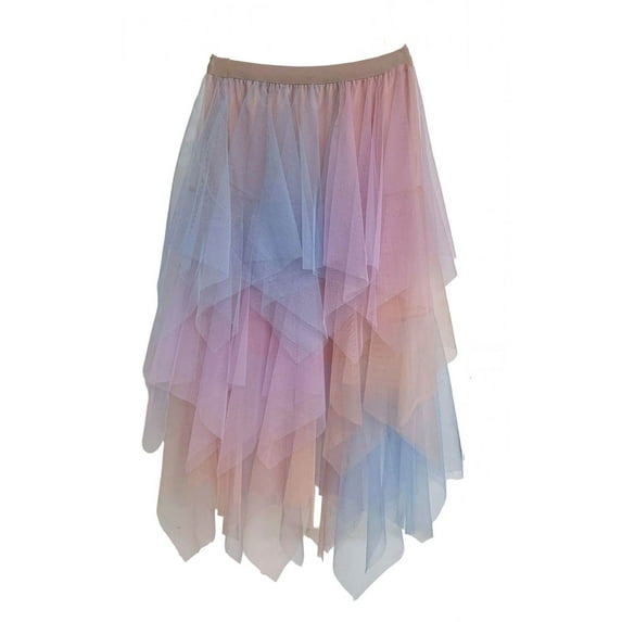IWRICH Tulle Skirts for Women Puffy Skirt Asymmetrical Midi Length Ruffled Tutu Layered Mesh Fairy Skirt Sky Blue XL