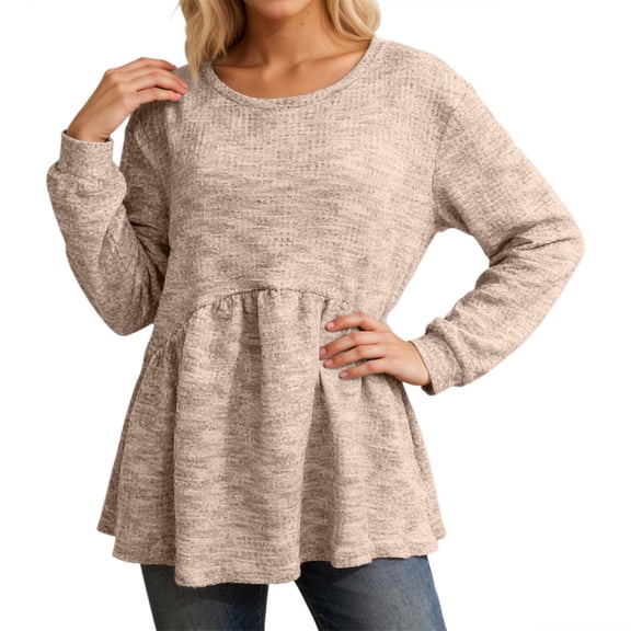 IWRICH Tunis Tops for Women Cute Long Sleeve Waffle Knit Sweaters Dressy Casual Peplum Blouses Crewneck Ruffle Pullover Shirts Beige XL