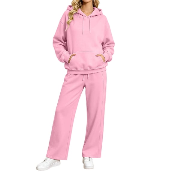 IWRICH Two Piece Sets for Women Cozy Winter Loungewear Set Wide Leg Pants Sweatshirt Lined Outfits Pink XXL