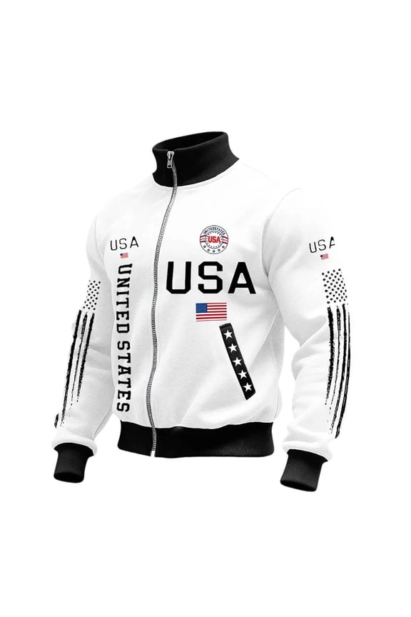 USA Flag Printed Plus Size Jacket for Men 4th of July Independence Day Full Zip Sweatshirts Collar Lightweight Streetwear White M