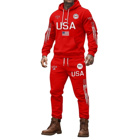 IWRICH USA Flag Sweatsuit for Men Plus Size Long Sleeve Hoodies Elastic Waist Drawstring Sweatpants 2 Piece Workout Tracksuits Red XXXXL