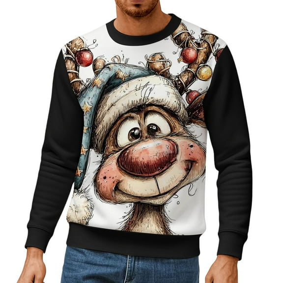 IWRICH Ugly Christmas Sweatshirt for Men Funny Printed Crewneck T Shirt Long Sleeve Outdoor Holiday Pullover Winter Tops Black 2XL