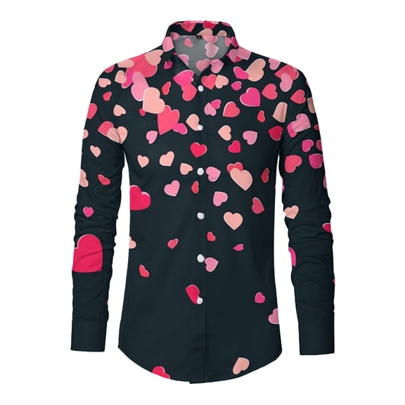IWRICH Valentine's Day Dress Shirt for Men Vacation Stylish Casual Lapel Long Sleeve Heart Printed Button down Tops Black XL