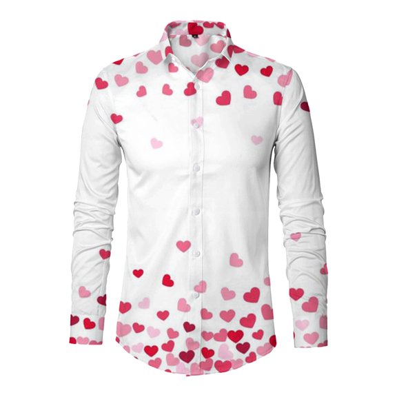 IWRICH Valentine's Day Dress Shirt for Men Vacation Stylish Casual Lapel Long Sleeve Heart Printed Button down Tops White XL