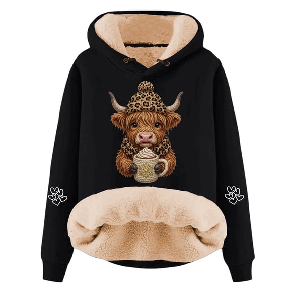 IWRICH Valentine's Day Hoodies for Women Cow Drink Printed Hooded Sweatshirts Sherpa Lined Pullover Tops Black XXL