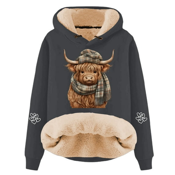 IWRICH Valentine's Day Hoodies for Women Cow with Scarf Printed Hooded Sweatshirts Sherpa Lined Pullover Tops GY2 XL