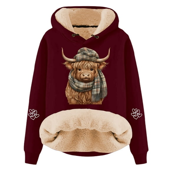IWRICH Valentine's Day Hoodies for Women Cow with Scarf Printed Hooded Sweatshirts Fleece Sherpa Lined Pullover Tops RD2 S
