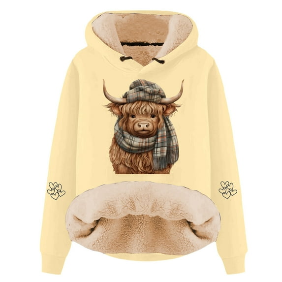 IWRICH Valentine's Day Hoodies for Women Cow with Scarf Printed Hooded Sweatshirts Sherpa Lined Pullover Tops Yellow XL