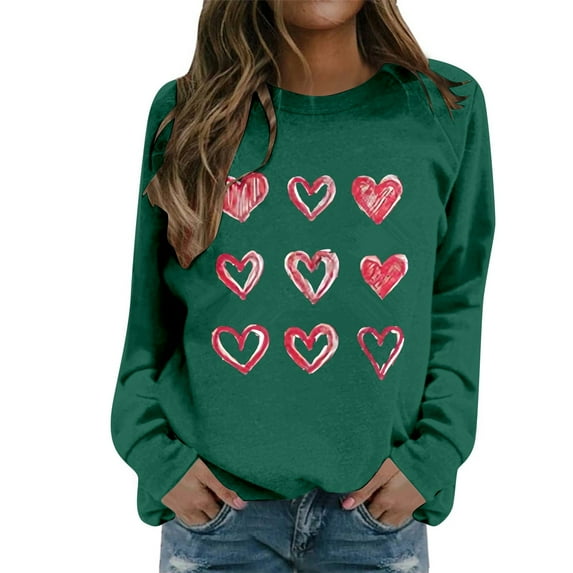 IWRICH Valentine's Day Sweatshirts for Women Cute Love Heart Graphic Pullover Long Sleeve Casual Crewneck Romantic Tops for Her Green S