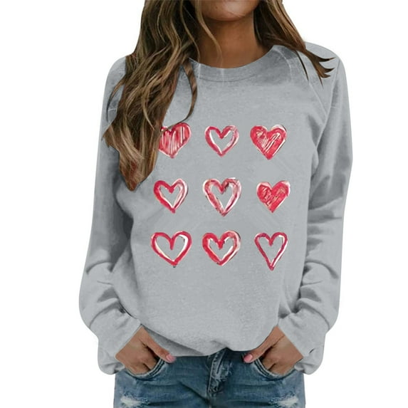 IWRICH Valentine's Day Sweatshirts for Women Cute Love Heart Graphic Pullover Long Sleeve Casual Crewneck Romantic Tops for Her Grey S