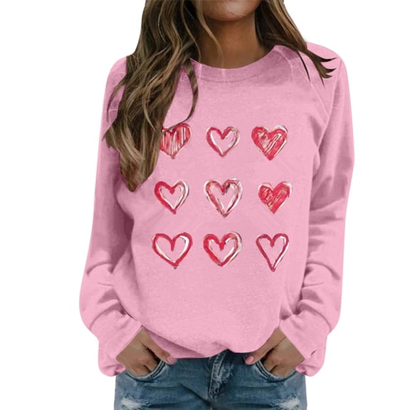 IWRICH Valentine's Day Sweatshirts for Women Cute Love Heart Graphic Pullover Long Sleeve Casual Crewneck Romantic Tops for Her Pink XL